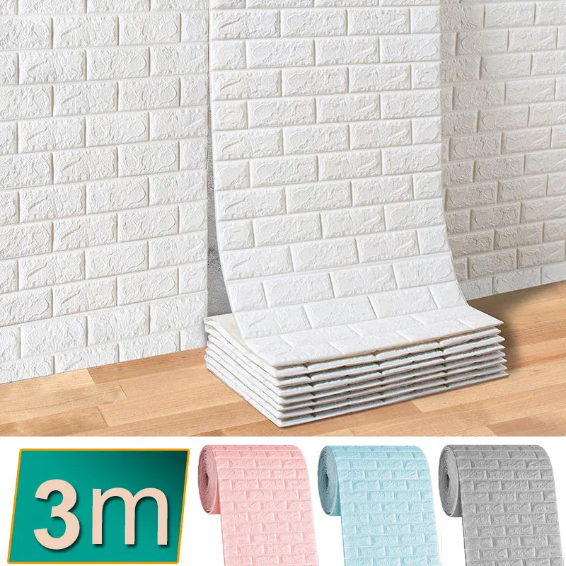 1/3/10M 3D Brick Wall Stickers DIY Decor Self-Adhesive Waterproof Wallpaper For Kids Room Bedroom Kitchen Home Wall Decor