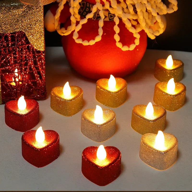 LED Glitter Electronic Candle Light Battery Powered Flameless Heart Shaped Wish Light Romantic Light for Wedding Valentine's Day