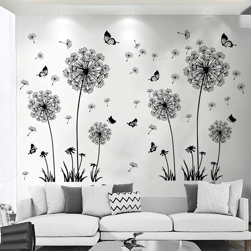 Black Dandelion Wall Stickers Butterflies On The Wall Living Room Bedroom Glass Window Decoration Mural Art Home Decor Decals