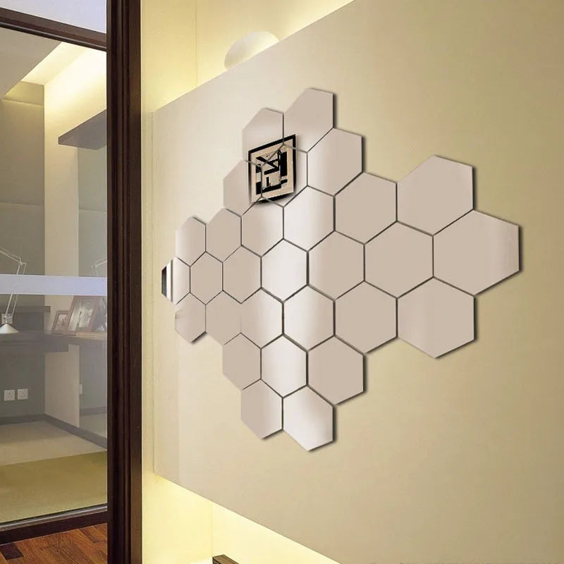 European Style Home Decor Mirror Wall Sticker Fashion 3D Hexagon Acrylic Stickers Living Room Bedroom Stairs Decoration Supplies