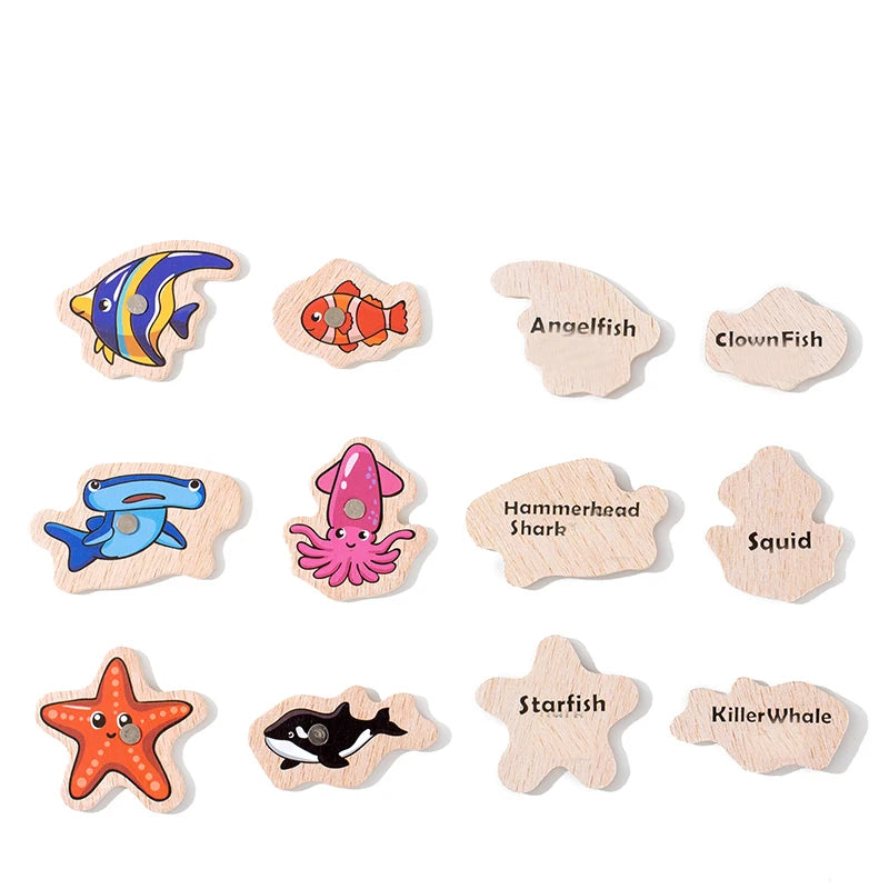 Montessori Wooden Magnetic Fishing Toys for Baby Cartoon Marine Life Cognition Fish Games Education Parent-Child Interactive