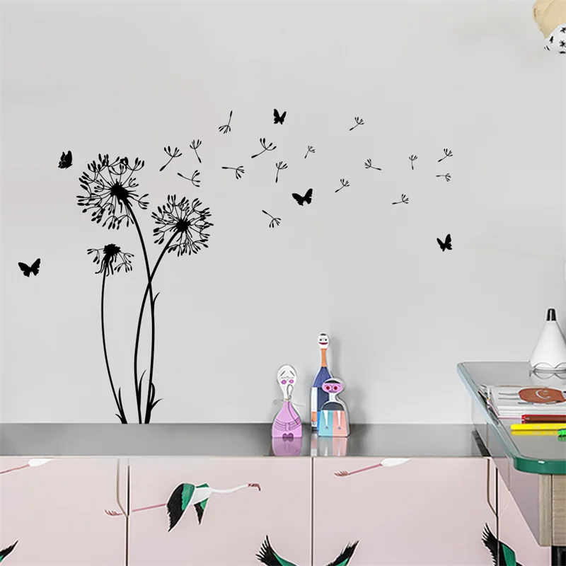 Wall Sticker Dandelion Black Butterfly Living Room Self Adhesive Paper Room Bedroom Decoration Home Wall Art Removable Mural