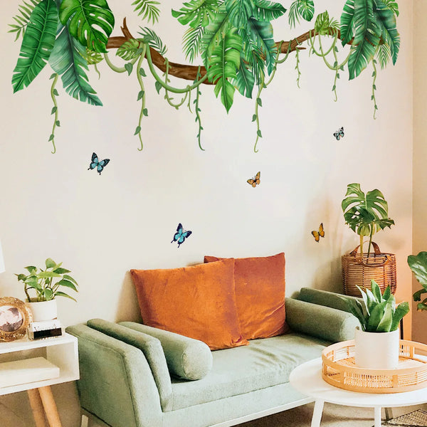 T44# Plants Big Trees Leaves Butterflies Wall Sticker Kids Room Background Home Decoration Mural Living Room Wallpaper