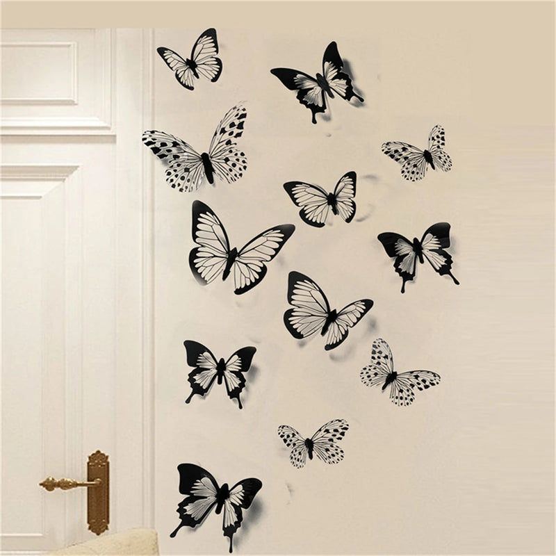 12/24 Pcs Black White 3D Butterfly Wall Sticker Wedding Decoration Bedroom Living Room Home Decor Butterflies Decals Stickers