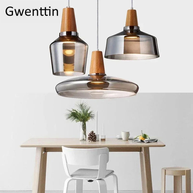 Modern Wood Pendant Lights Glass Loft Industrial Decor Nordic Hanging Lamp Luminaire for Dinning Living Room Lighting Fixtures