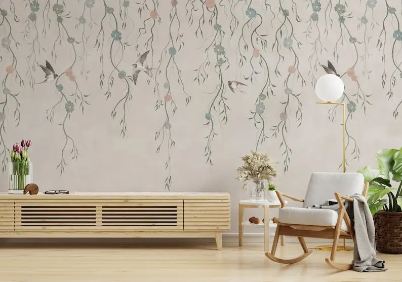 Ivy Wallpaper | Boho Plants Wall Mural Peel and Stick | Watercolor Tree Branches with Birds Wallpaper | Pastel Ivy Leaf Branch W