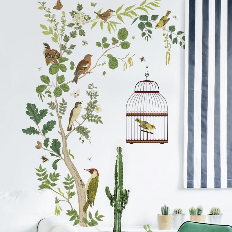 Fresh Plant Leaf Wall Sticker Children's Room Big Tree Bird Cage Wallpaper Bird Bedroom Home Decoration Living Room Wall Sticker