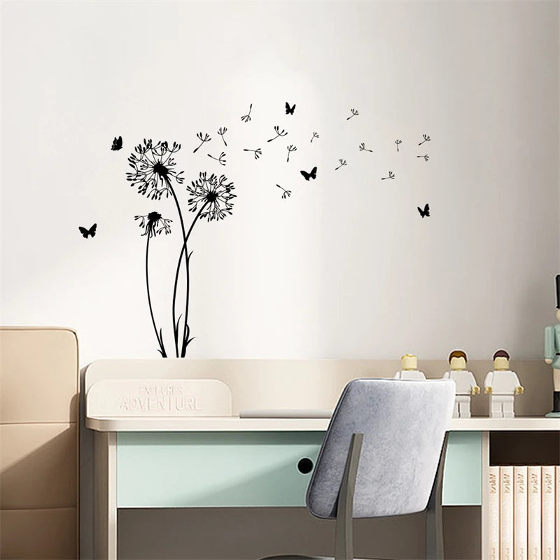 Wall Sticker Dandelion Black Butterfly Living Room Self Adhesive Paper Room Bedroom Decoration Home Wall Art Removable Mural