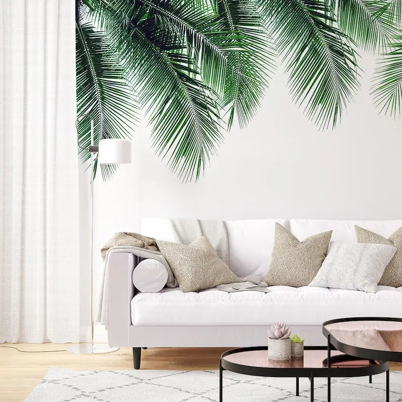 Modern Design Tropical Customizable Self Adhesive Wall Mural. Peel And Stick Living Room Wallpaper, Big Palm Tree Leaves Removab