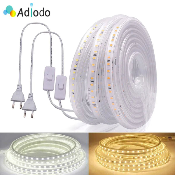 220V LED Strip Lights 5050 Waterproof High Brightness Flexible Lamp Tape Kitchen Outdoor Garden Room Decor LED Strip With Switch