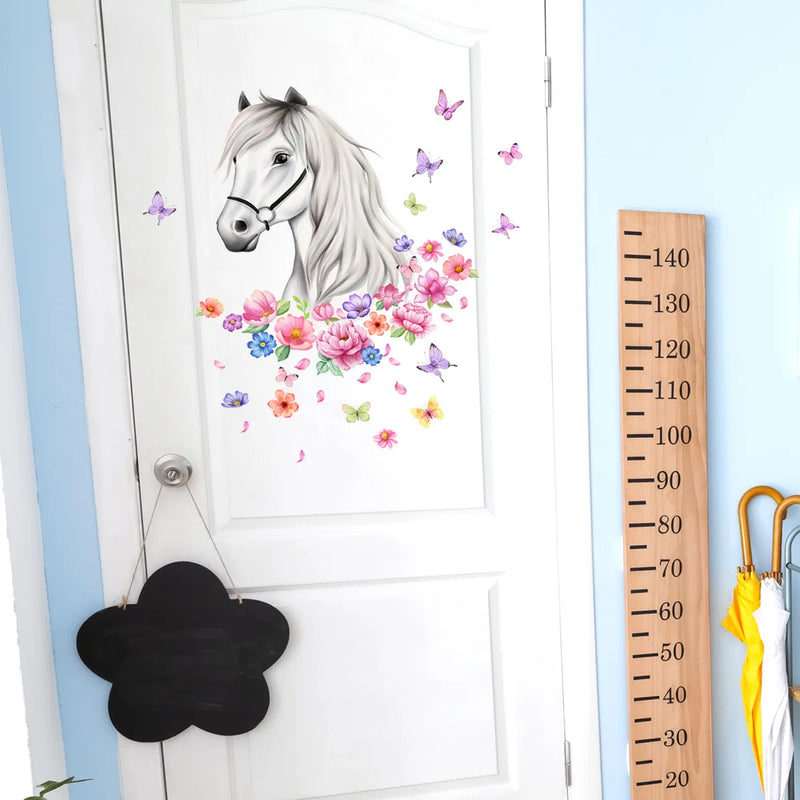 Horse Flowers Butterflies Wall Sticker Cartoon Horses Wall Art Mural for Kids Bedroom Nursery Farmhouse Office Home Decor Decals