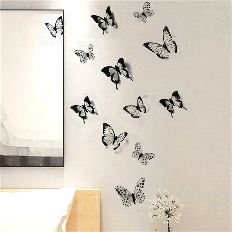 12/24 Pcs Black White 3D Butterfly Wall Sticker Wedding Decoration Bedroom Living Room Home Decor Butterflies Decals Stickers