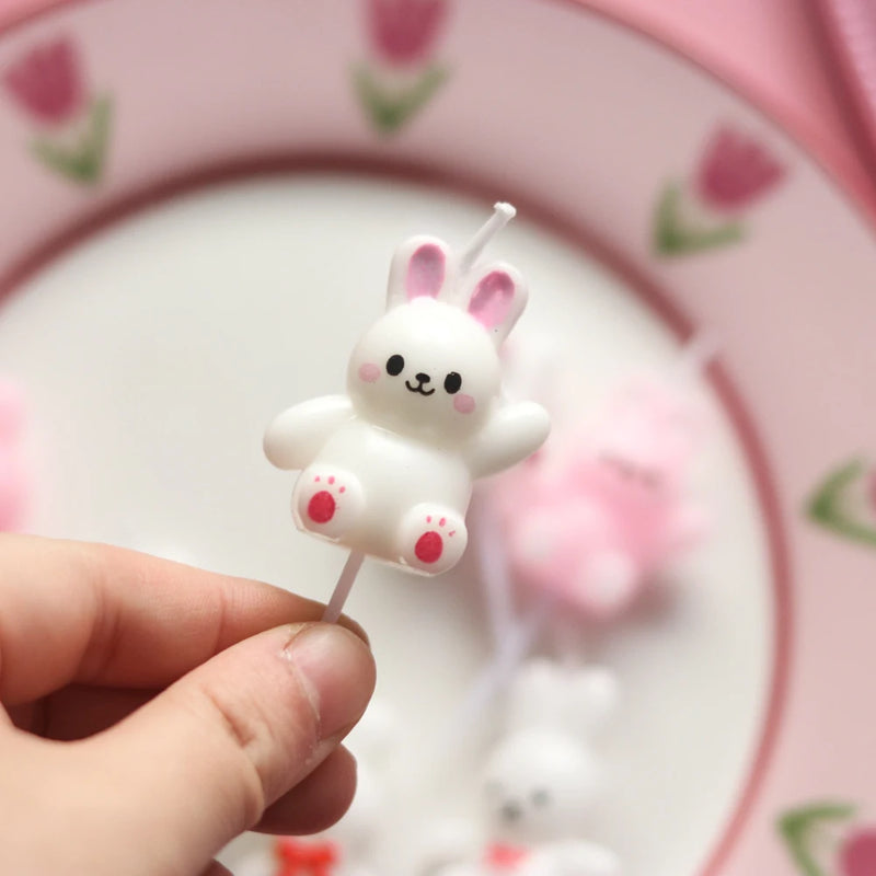 Children's Party Baby Birthday Cadle Red Bow Pink White Lovely Rabbit Cadle Box  Cake Topper Dessert Smokeless Baking Supplies