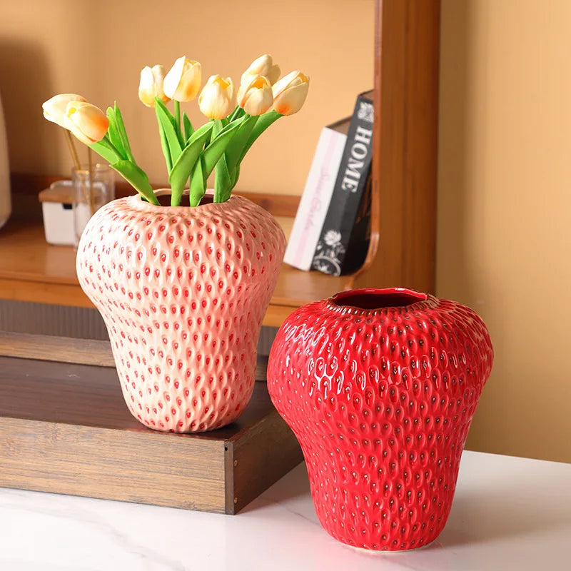 Cartoon Strawberry Vase Ceramic Vase Children's Room Artifact Floral Accessories Fruit Pot Flowerpot Home Decoration Accessories