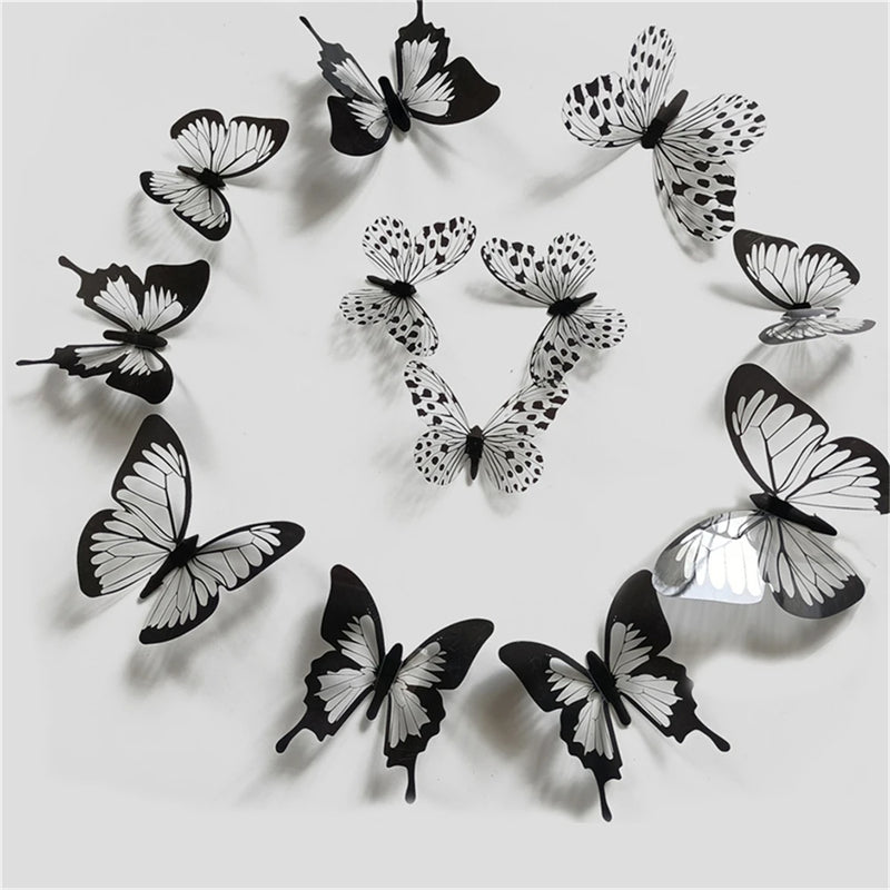 12/24 Pcs Black White 3D Butterfly Wall Sticker Wedding Decoration Bedroom Living Room Home Decor Butterflies Decals Stickers