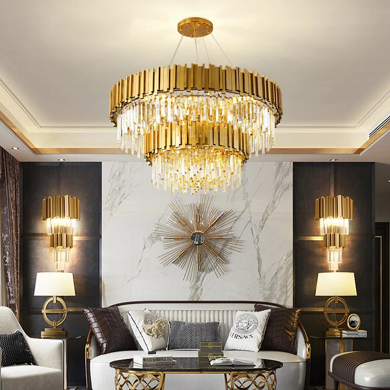 Modern Luxury Gold Crystal Chandelier Lighting Led Ceiling Pendant Light Fixture Living Room Hotel Hall Art Decor Hanging Lamp