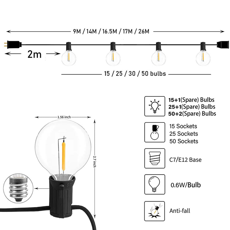 Festoon LED Globe String Light Fairy LED G40 Outdoor For Christmas Party Garden Decorative Garland Lamp Street Patio Backyard