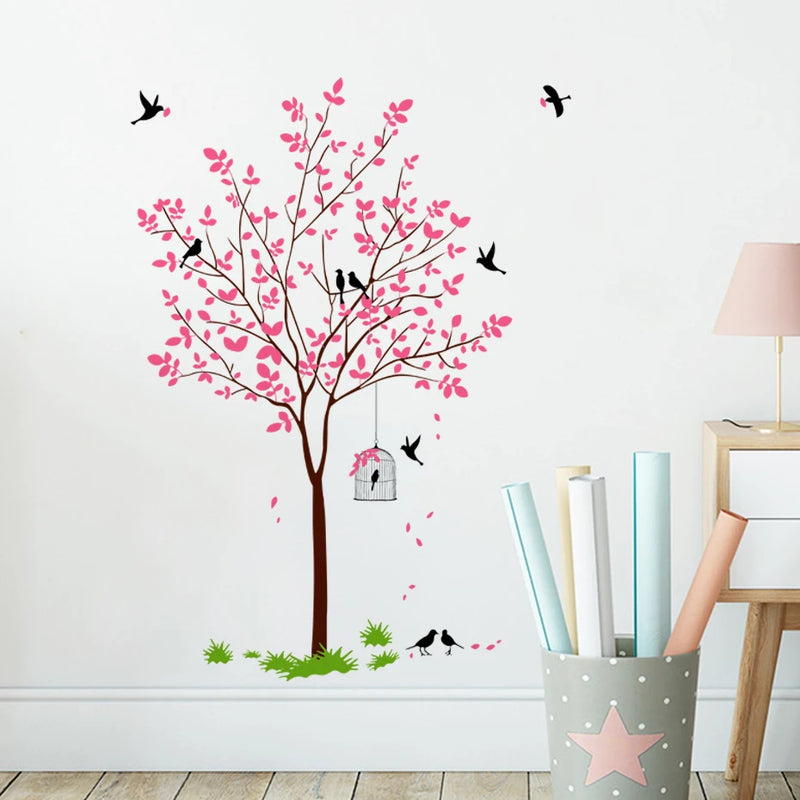 Romantic Pink Flowers Tree Wall Sticker Bird Home Decor for Living Room Art PVC Vinyl Wall Decals Chinese Style Wallpaper