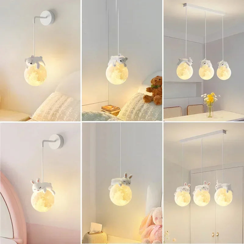 Children's Room Little Bear Pendant Lights LED Minimalist Chandelier Nordic Home Decoration Bedroom Bedside Hanging Lamp Fixture