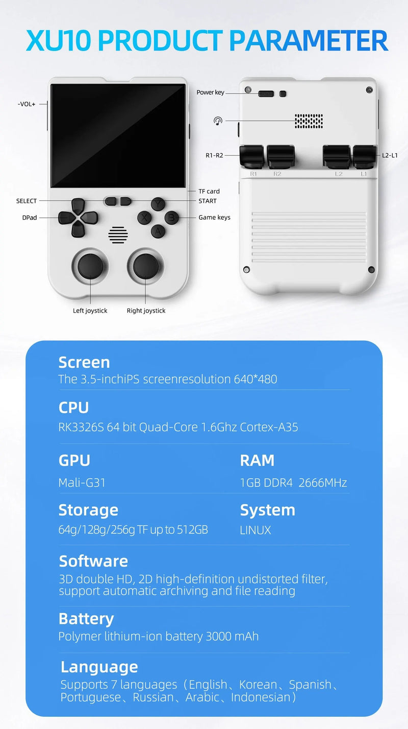 Ampown XU10 Handheld Game Console 3.5" IPS Screen 3000mAh Battery Linux System Built-in Retro Games Portable Video Game Console