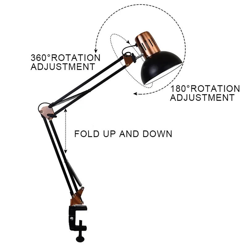 Vintage Metal Long Arm Folding Clip Mounted Lamp Reading Writing Study Light Fixture Office Work Nail Manicure Table Fill Light