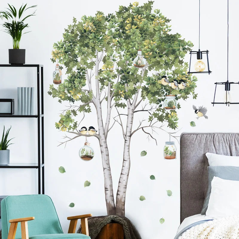 Large Tree Birch Wall Stickers Green Leaves Plant Wall Decals Living Room Bedroom Birds Home Decor PVC Room Decoration Wallpaper