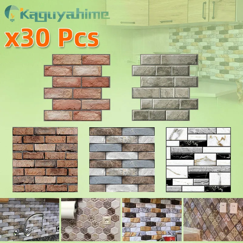 =(K)= 30pcs/lot 3D Self-Adhesive Wallpaper DIY Brick Stone Wood Marble Mosaic Waterproof  Wall Stickers Home Decoration Kitchen