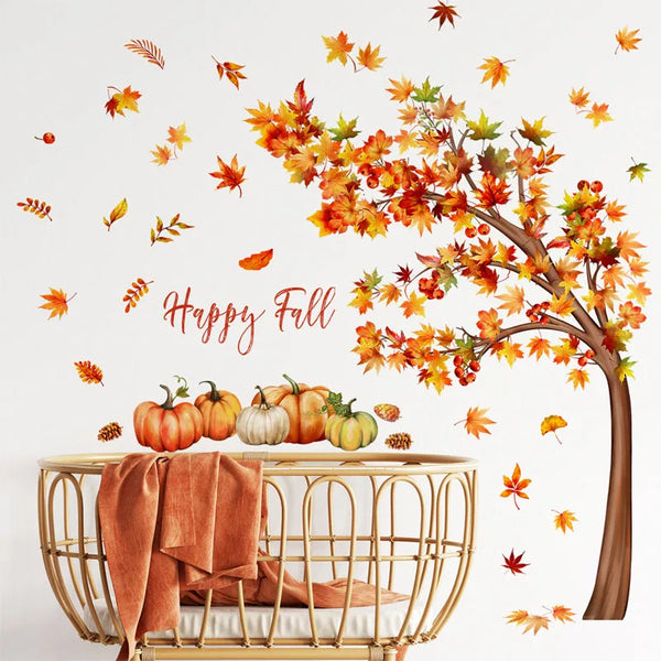 English Full Autumn Maple Tree Wall Sticker Maple Leaf Pumpkin Wallpaper Sticker For Wall Background Decoration Wall Art