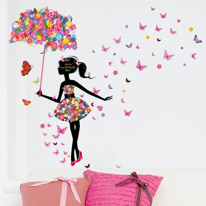 Beautiful Flower Girl with Butterfly Heart Shape Balloon Wall Stickers for Girl Bedroom Living Room Home Decorative Stickers PVC