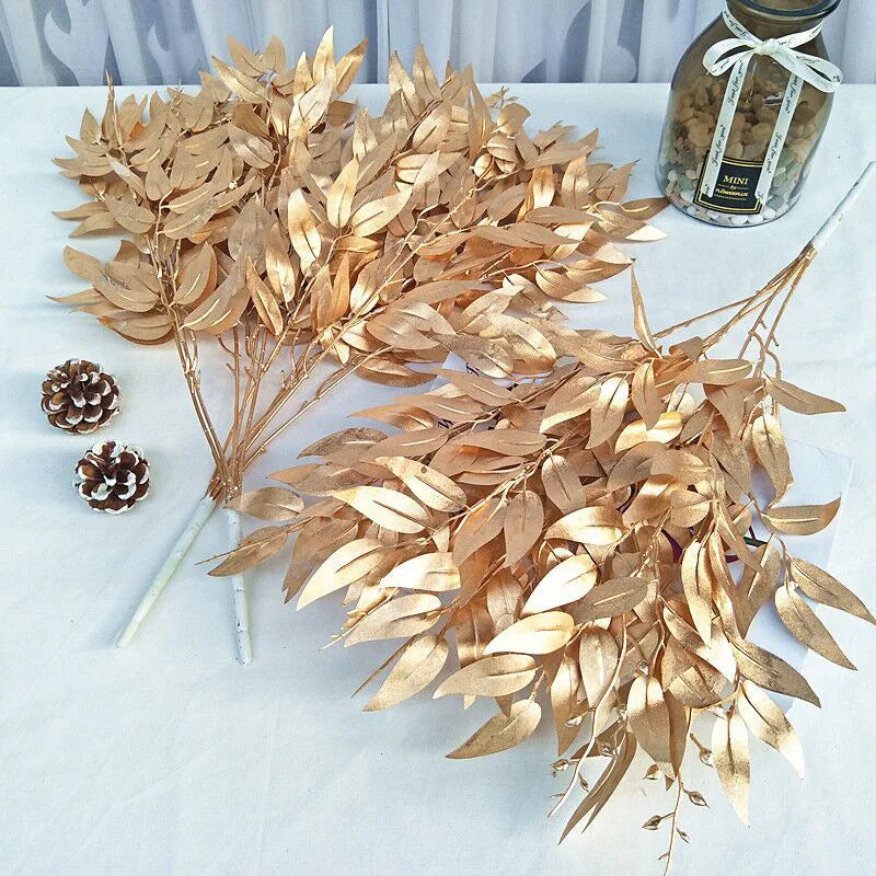 Gold Silver Artificial Plant Artificial Grass Plastic Fern Green Leaves Fake Flower Plant Wedding Home Decor Table Decoration