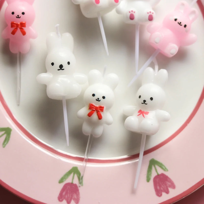 Children's Party Baby Birthday Cadle Red Bow Pink White Lovely Rabbit Cadle Box  Cake Topper Dessert Smokeless Baking Supplies