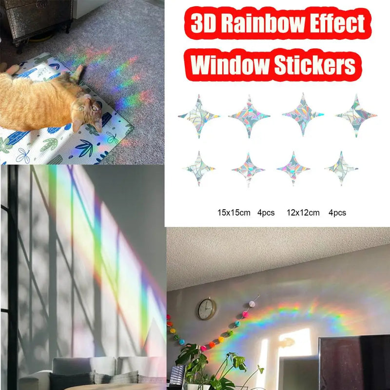 Reusable 3D Glue-Free DIY Rainbow Effect Prisms Window Stickers Home Bedroom Butterfly/Star/Heart/Cat PVC Glass Decals