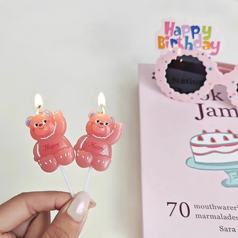 2PC Pink Bear Candle Birthday Cake Decoration Cupcake Topper Anniversary Supplies