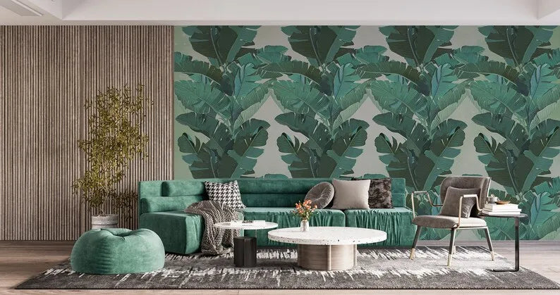 Customizable Tropical Banana Leaves Wallpaper, Green Banana Tree Bedroom, Living Room Modern, Removable Mural, Big Leafs Self Ad