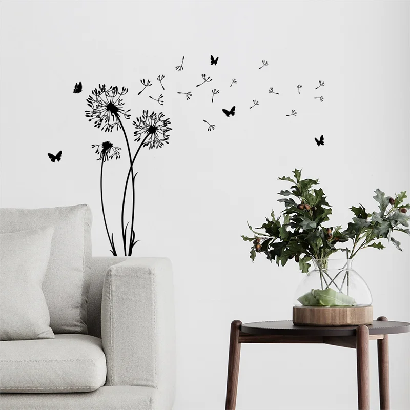 Wall Sticker Dandelion Black Butterfly Living Room Self Adhesive Paper Room Bedroom Decoration Home Wall Art Removable Mural