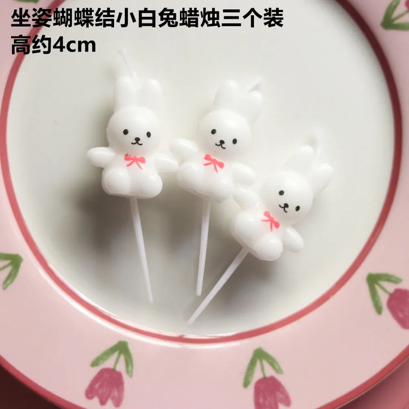 Children's Party Baby Birthday Cadle Red Bow Pink White Lovely Rabbit Cadle Box  Cake Topper Dessert Smokeless Baking Supplies