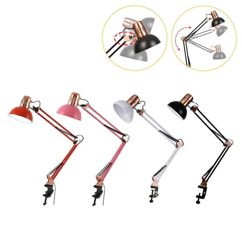 Vintage Metal Long Arm Folding Clip Mounted Lamp Reading Writing Study Light Fixture Office Work Nail Manicure Table Fill Light