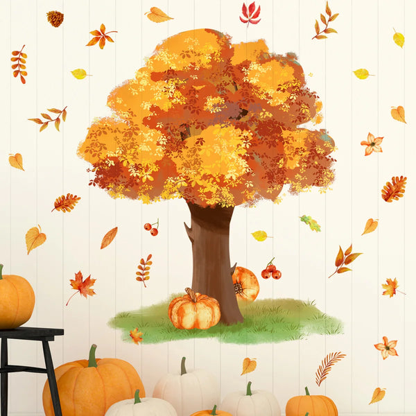 3pcs Autumn Golden Big Tree Maple Tree Maple Leaf Wall Stickers Living Room Background Decorative Wall Sticker Wallpaper Ms8566