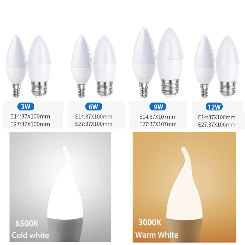 4pcs/batch LED Bulb E14 E27 LED Light Indoor Warm Cool White Light 3W 6W 9W 12W AC220V LED Candle Bulb Home Decor Pendant Light