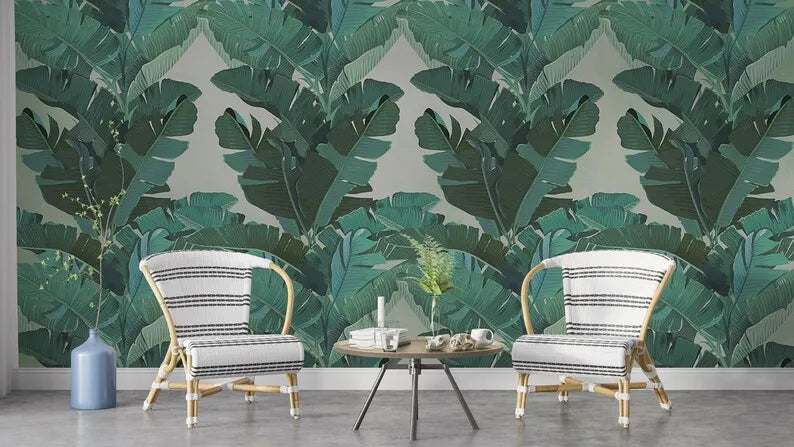 Customizable Tropical Banana Leaves Wallpaper, Green Banana Tree Bedroom, Living Room Modern, Removable Mural, Big Leafs Self Ad