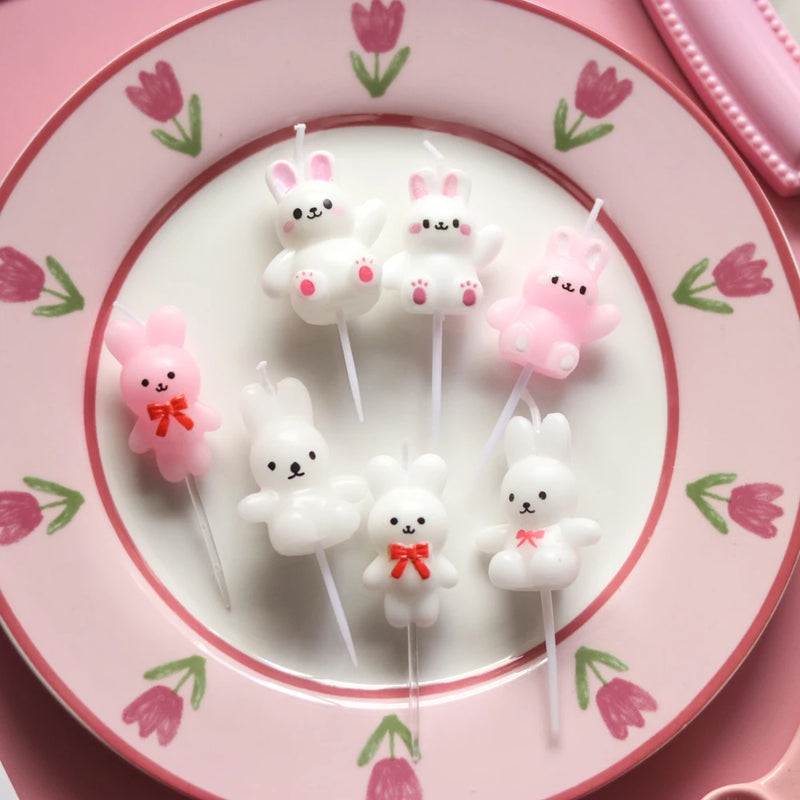 Children's Party Baby Birthday Cadle Red Bow Pink White Lovely Rabbit Cadle Box  Cake Topper Dessert Smokeless Baking Supplies