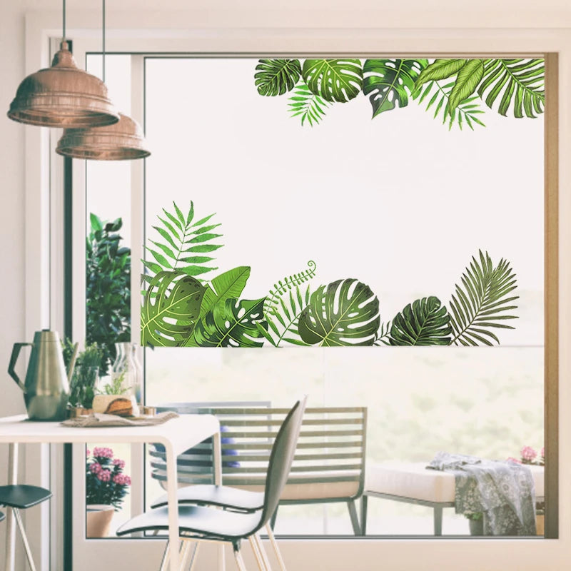 Tropical Green Plant Leaves Wall Stickers Palm Tree Leaf Wall Decals for Home Living Room Bedroom Decoration PVC Mural Wallpaper