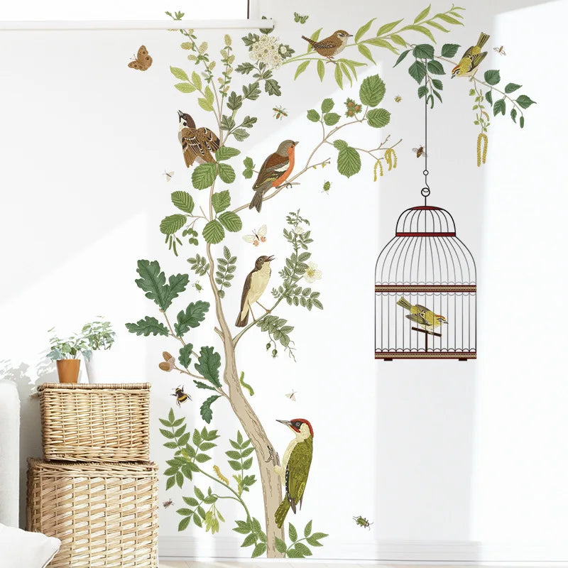 Fresh Plant Leaf Wall Sticker Children's Room Big Tree Bird Cage Wallpaper Bird Bedroom Home Decoration Living Room Wall Sticker