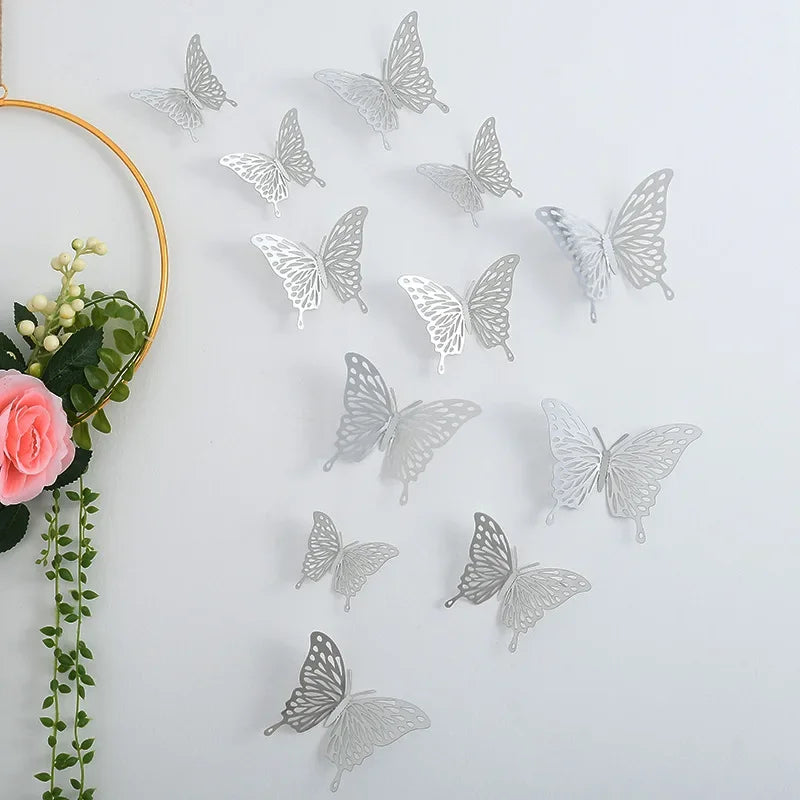 12pcs Wall Stickers 3D Hollow Rosegold Butterfly Decorative Sticker for Home Living Room Bedroom Kids Room Wall Wedding Decor