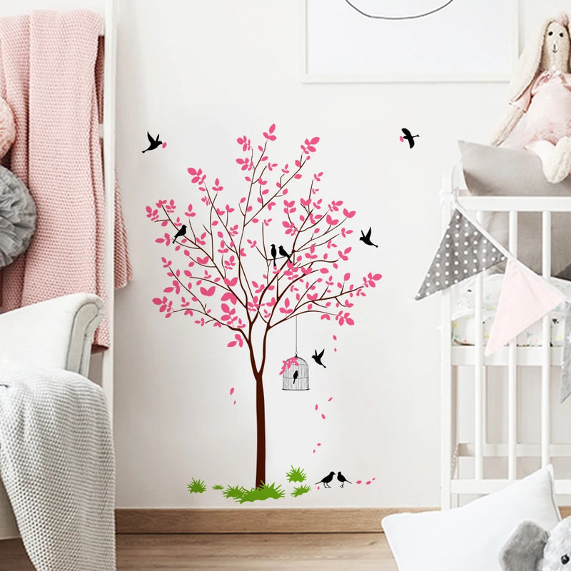 Romantic Pink Flowers Tree Wall Sticker Bird Home Decor for Living Room Art PVC Vinyl Wall Decals Chinese Style Wallpaper