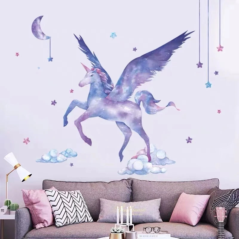 Cartoon Moon Rainbow Unicorn Horse Star Wall Decal Kindergarten Children's Room Home Decoration Decal Diy Animal Mural Art Decal