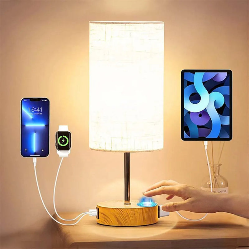 3 Lighting Modes Touch LED Table Lamp with USB Ports Bedside Lamp with Flaxen Fabric Shade  for Bedroom Office Living Room